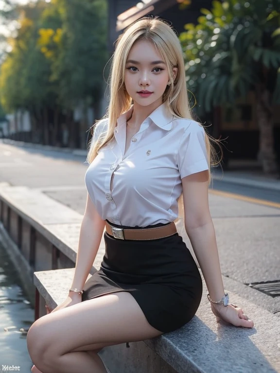 Browsing Caution、8k,highest quality, masterpiece, Very detailed, Ultra-high resolution, Realistic, RAW Photos, , Absolute Resolution, Complete limbs、Complete Anatomy、Perfect beautiful skin、pretty girl1人,Cute girl 、、(smile:1.2)、Gal、、(Short sleeve white collar shirt:1.1)、bow tie 、、(Micro Mini Skirt:1.2)、、(Accentuate your thighs:1.2)、、、(blonde:1.2)、、、pretty girl、 , Realistic young gravure idol, Japanese Girls、、alone、(Midsummer schoolyard:1.2)、