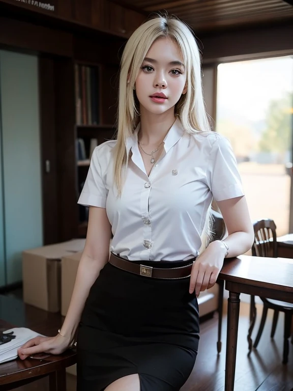A woman with blonde hair and, wearing a business suit and pencil skirt with pantyhose, standing. The artwork is inspired by manga and incorporates a doujin style. The woman appears to be (wetting herself:1.5), . She is crossing her arms, (arms crossed:1.5), fully showcasing her pencil skirt.,