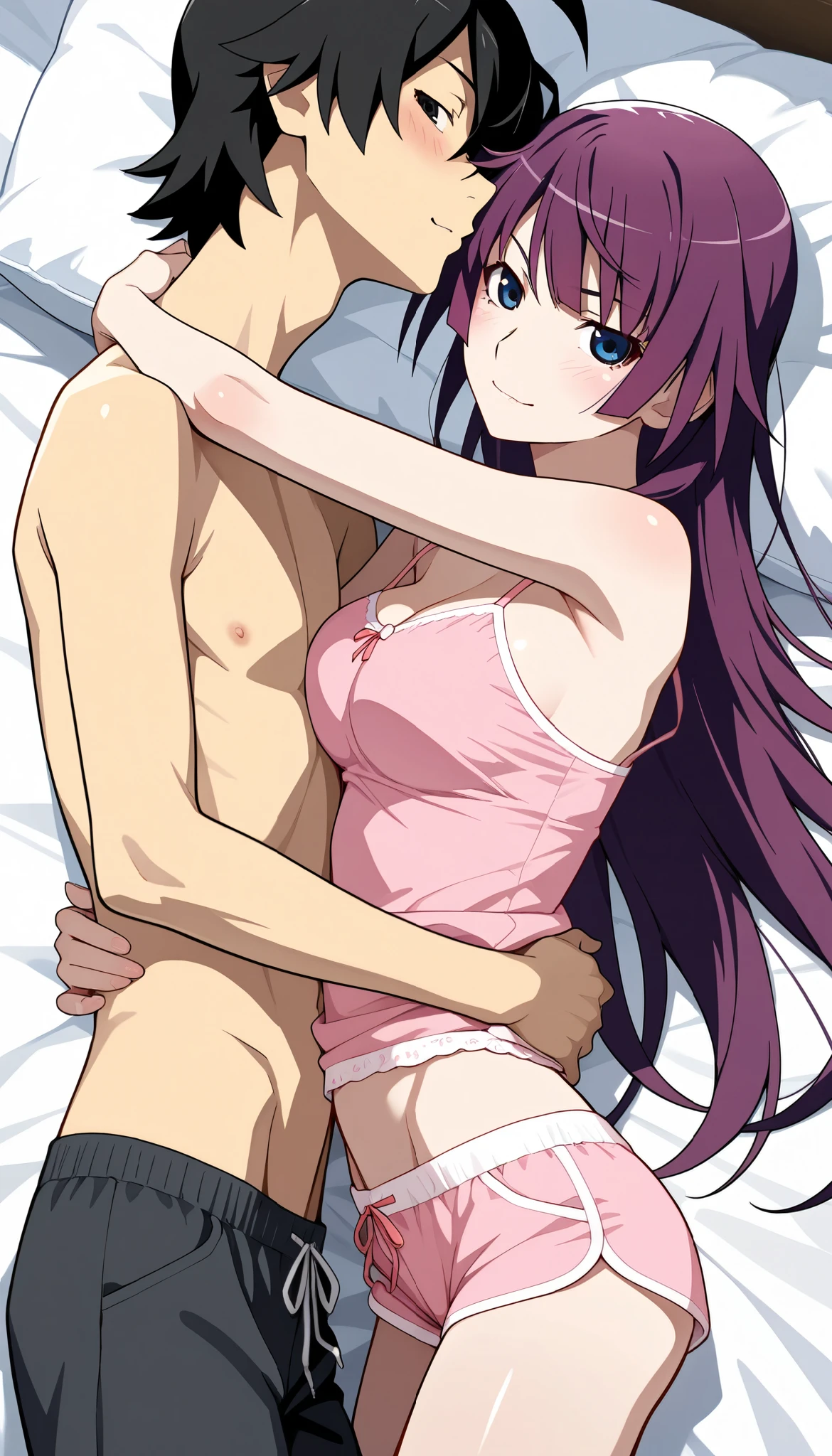 Make an anime girl with pink hair and who is completely naked without clothes and who is now in bed with her legs showing and her ass without underwear and a boy is putting his male member in the girl's ass., that they are having sex