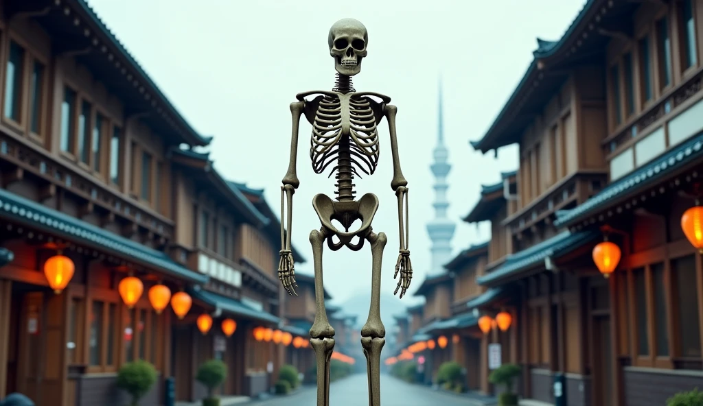 gashadokuro, giant skeleton looming over a temple courtyard, terrifying and monstrous, high resolution, dark night sky, broken temple gates, eerie glow from within the eye sockets, scattered bones on the ground