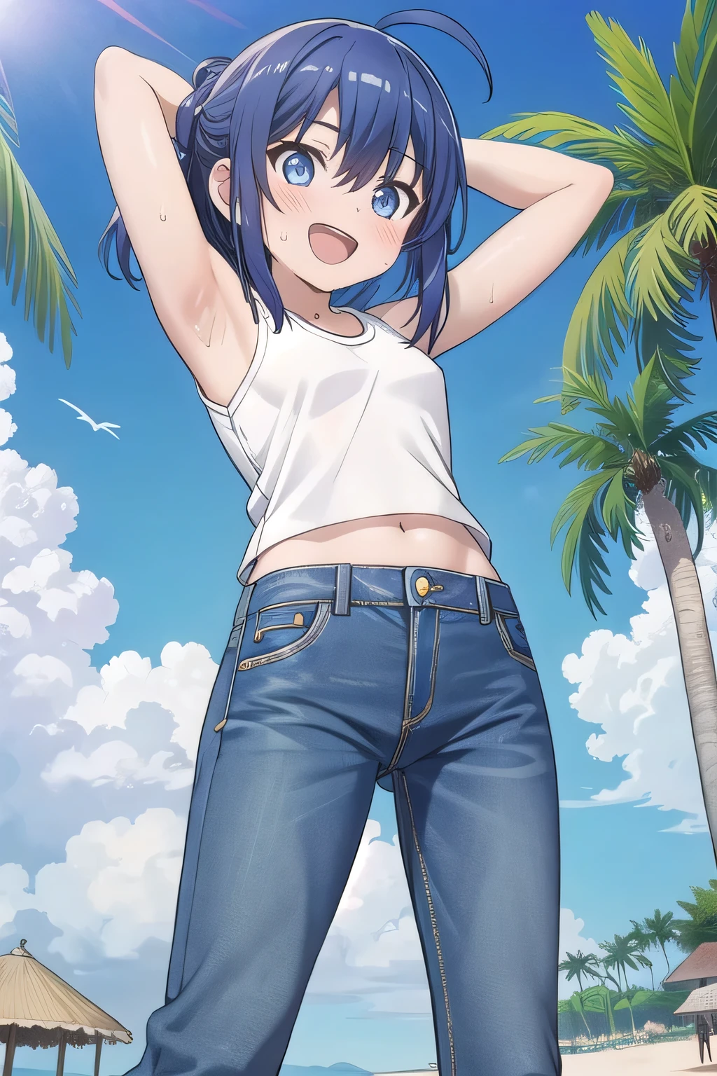 masterpiece,best quality,ultra detail, Perfect Face, Perfect Arms, Perfect hands, Perfect Fingers, 1girl, , peti ((round face, ecstasy, orgasm face, drooping eyes, shame smiling, blush)), dropping eyes, sleepy, background((under the beach, (day:1.2), palm tree, bright sky)), Yanami anna, ahoge,medium hair,blue hair,sidelocks,blunt bangs,blue eyes, hair between eyes,parted bangs, blue eyes, arms behind head, contrapposto, spread armpits, looking at viewer,, (white tank top:1.2), (white crop top:1.2), (jeans pants:1.2, flares jeans:1.2, skinny jeans:1.2, blue jeans:1.2), standing, (legs spread:1.2), sex pose, Sweaty crotch, Steam from the crotch, from below, full medium body