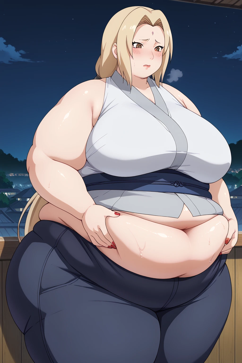 Tsunade, long hair,  Golden Hair , brown eyes, grey kimono, sleeveless kimono ,clavicle,Navy blue belly band , dark blue long pants,Red nails,very huge saggy tits ,Expanded Breasts ,embarrassed,milf, chubby, thick thighs,night,Japanese towns in the Edo period,Obese middle-aged woman,Severe obesity, Fat face,ssbbw,weight 250kg, score_9,  score_8_ up、 score_7_ up、 score_6_ up、 score_5_ up、 score_4_ up、 Masterpiece、 top quality, A beautiful woman with an obese figure,  absurd、 source_ anime anime screencap,  one woman、Alone、 personal  、Super huge breasts,  super huge clevis、Super huge, Super huge boob,Curvy、 wide hips、