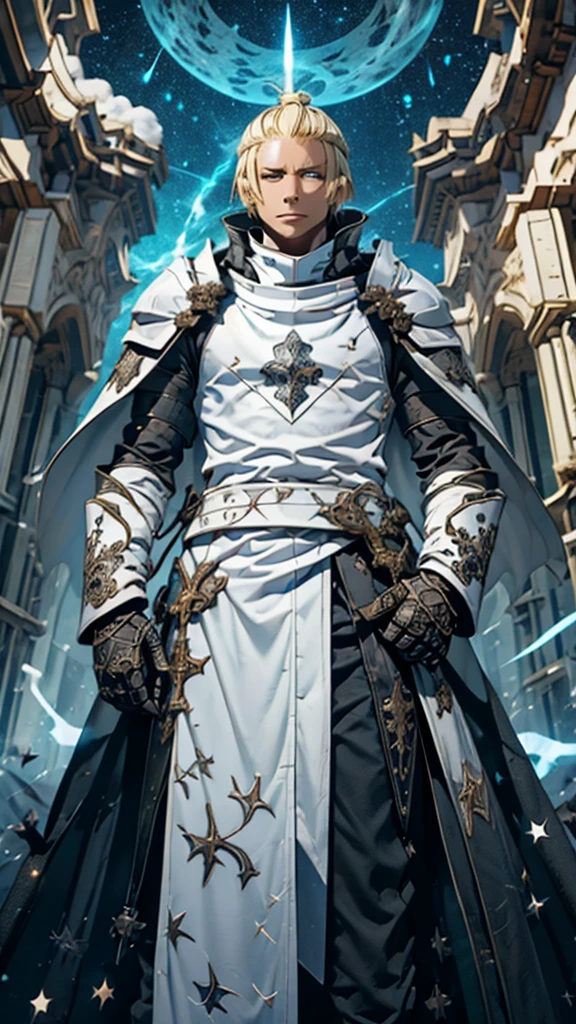 White, Blonde,  blue eyes,  shorthair , White clothes and ,  I wear black decorated armor over my white clothes,  I have black decorative bracelets on both arms , he is wearing a white cloak,  There is a black dragon pattern in the center of the cloak ,  There is a black outline on the edge of the cover ,  The cover covers both shoulders ,  night sky with scenery and stars . Fire Force、Arthur