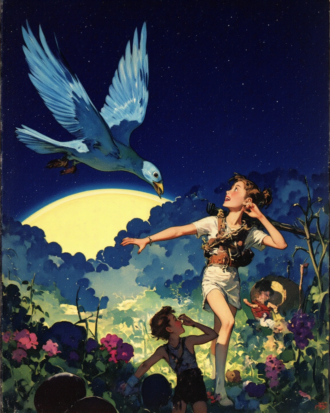 "L'Oiseau bleu", In search of the blue bird of happiness, Boy Tyltyl, girl Mytyl, 
Garden of Happiness, Midnight Sun, 
Bye-Bye Blue Bird, pop surrealism, Mesmerizing matte Painting Portraying Fantastical scene, Sci-Fi-O-Rama. 
by Maurice Maeterlinck, in the style of rudolph-belarski