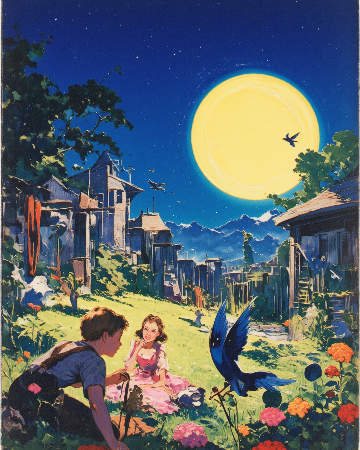 "L'Oiseau bleu", In search of the blue bird of happiness, Boy Tyltyl, girl Mytyl, 
Garden of Happiness, Midnight Sun, 
Bye-Bye Blue Bird, pop surrealism, Mesmerizing matte Painting Portraying Fantastical scene, Sci-Fi-O-Rama. 
by Maurice Maeterlinck, in the style of rudolph-belarski