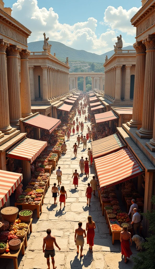 busy market in ancient roman city. sunset. historic rome. 1st century. praetorians in distance.