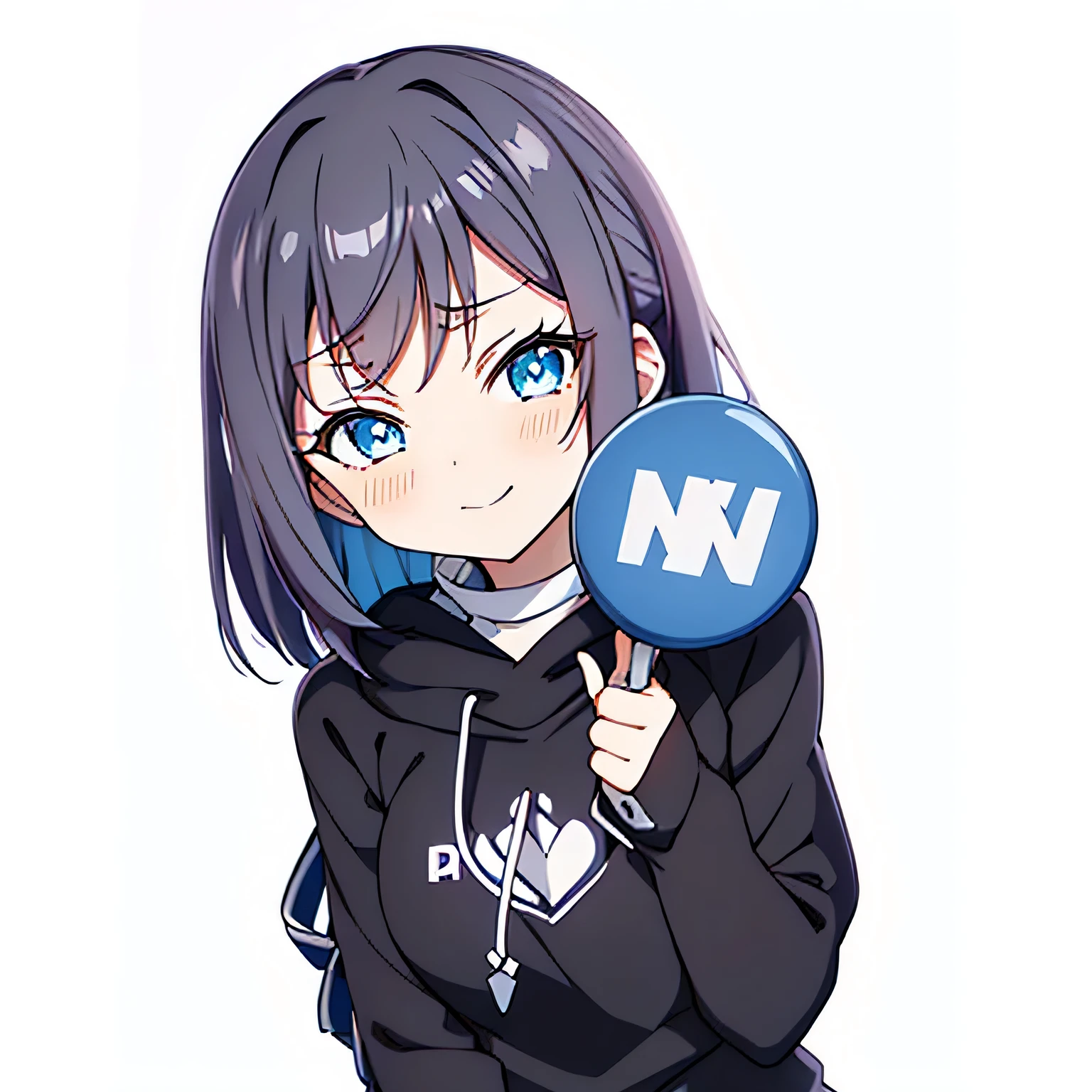 Anime-style girl resembling Alya from 'Alya Sometimes Hides Her Feelings in Russian,' with shoulder-length silver hair and straight bangs. She has striking blue eyes that radiate charm and a subtle playful smirk, blending confidence with shyness. She is wearing an oversized black hoodie, holding a small sign with a blue thumbs-up symbol close to her chest. Her fair skin has a soft glow, and her expression captures a tsundere personality: teasing yet sweet. The background is minimalist, featuring a soft pastel gradient (white, blue, or pink), emphasizing her elegant and mysterious aura