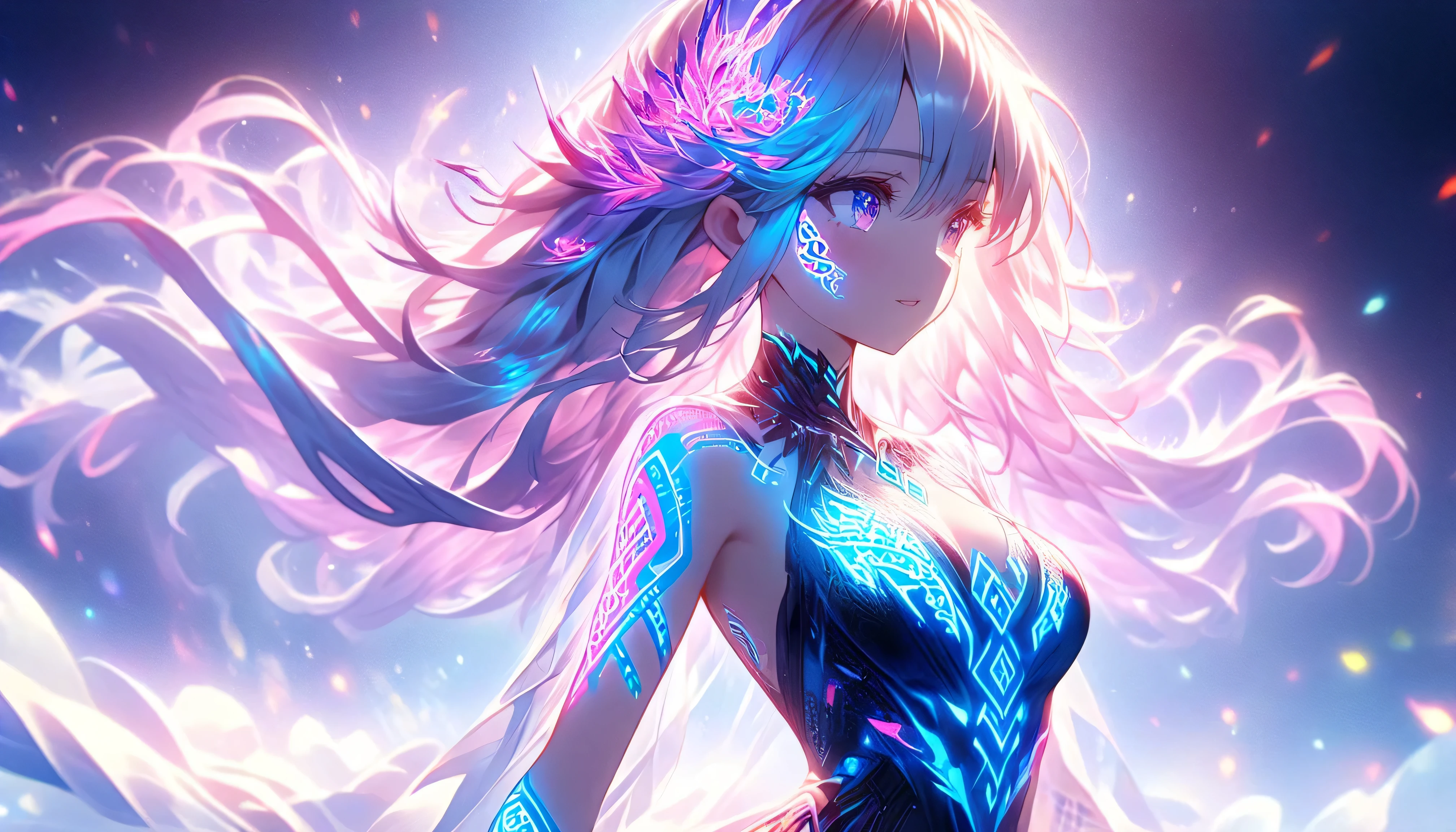 Anime girl with long hair and glowing makeup in a blue dress - SeaArt AI