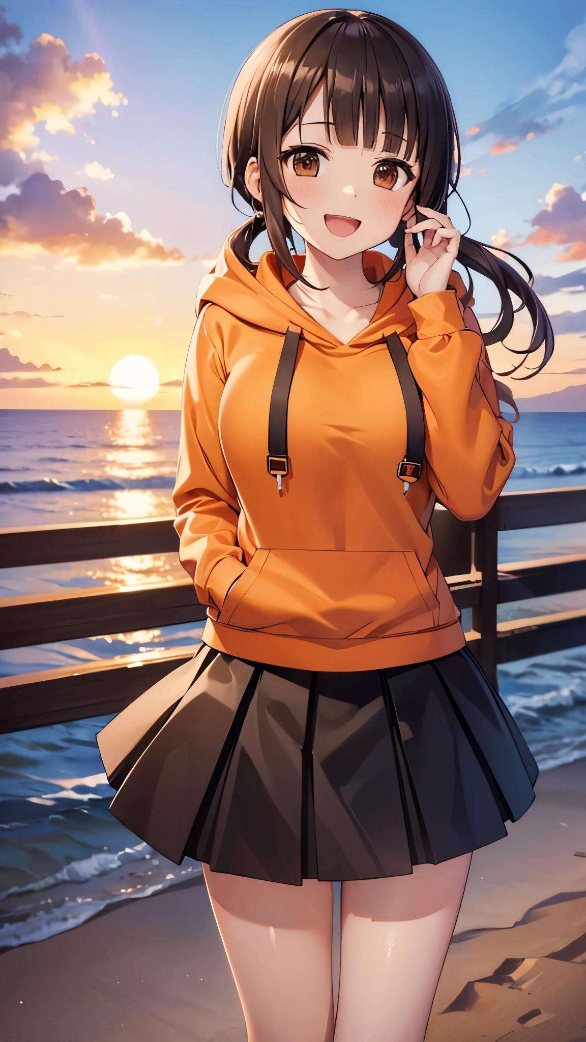 (top quality, greatest masterpiece),okitasawa,low twintale ,(orange hoodie:1.3),white frill in black skirt,black thigh-high socks, brack coat, anatomically correct body , looking at the camera, very detailed facial features, beautiful and perfect face,(:d:1.3),Sunset sky,Evening summer and winter seashore,((over head shot:1.3)),sea, sandy beach, looking at the camera, Front Angle,The setting sun,red cheek:1.3,red Scarf