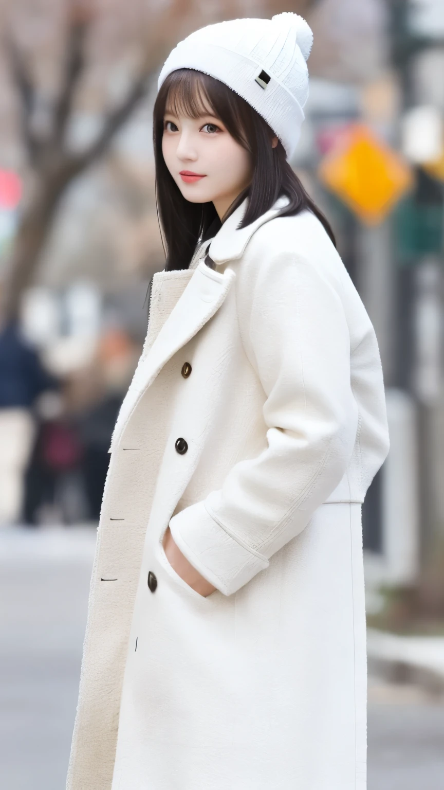 White knit hat, White coat, Street corner where the winter sun shines in warmly,  Angle from Underfoot,  girl, busty,  black hair,  straight hair,  with bangs, 's greatest masterpiece,  no makeup