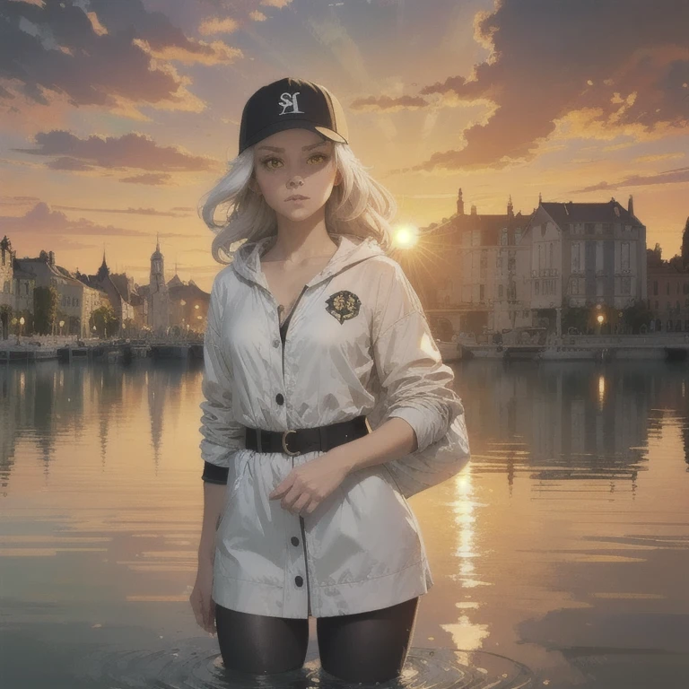 medium plan, medium plan,  Depth of field , , Upper body,  cinematic angle ,  masterpiece ,  Better quality,  super detailed , CG,  8k wallpaper ,   pretty face, Delicate Eyes, A maiden, Alone,  long white hair,  yellow eyes ,  hair clip , white shirt, black hooded jacket , Black Baseball Cap,  black socks,  black boots above the knee ,  sunset , harbor medieval, harbor,  detailed water surface, reflection of the sun