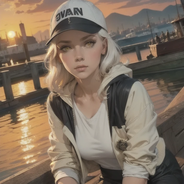 medium plan, medium plan,  Depth of field , , Upper body,  cinematic angle ,  masterpiece ,  Better quality,  super detailed , CG,  8k wallpaper ,   pretty face, Delicate Eyes, A maiden, Alone,  long white hair,  yellow eyes ,  hair clip , white shirt, black hooded jacket , Black Baseball Cap,  black socks,  black boots above the knee ,  sunset , harbor medieval, harbor,  detailed water surface, reflection of the sun