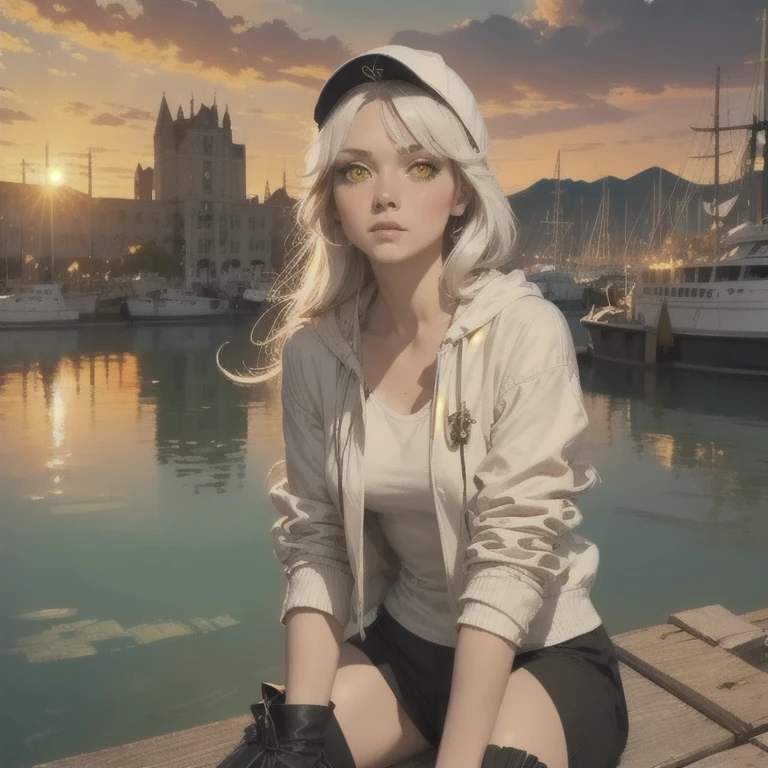 medium plan, medium plan,  Depth of field , , Upper body,  cinematic angle ,  masterpiece ,  Better quality,  super detailed , CG,  8k wallpaper ,   pretty face, Delicate Eyes, A maiden, Alone,  long white hair,  yellow eyes ,  hair clip , white shirt, black hooded jacket , Black Baseball Cap,  black socks,  black boots above the knee ,  sunset , harbor medieval, harbor,  detailed water surface, reflection of the sun