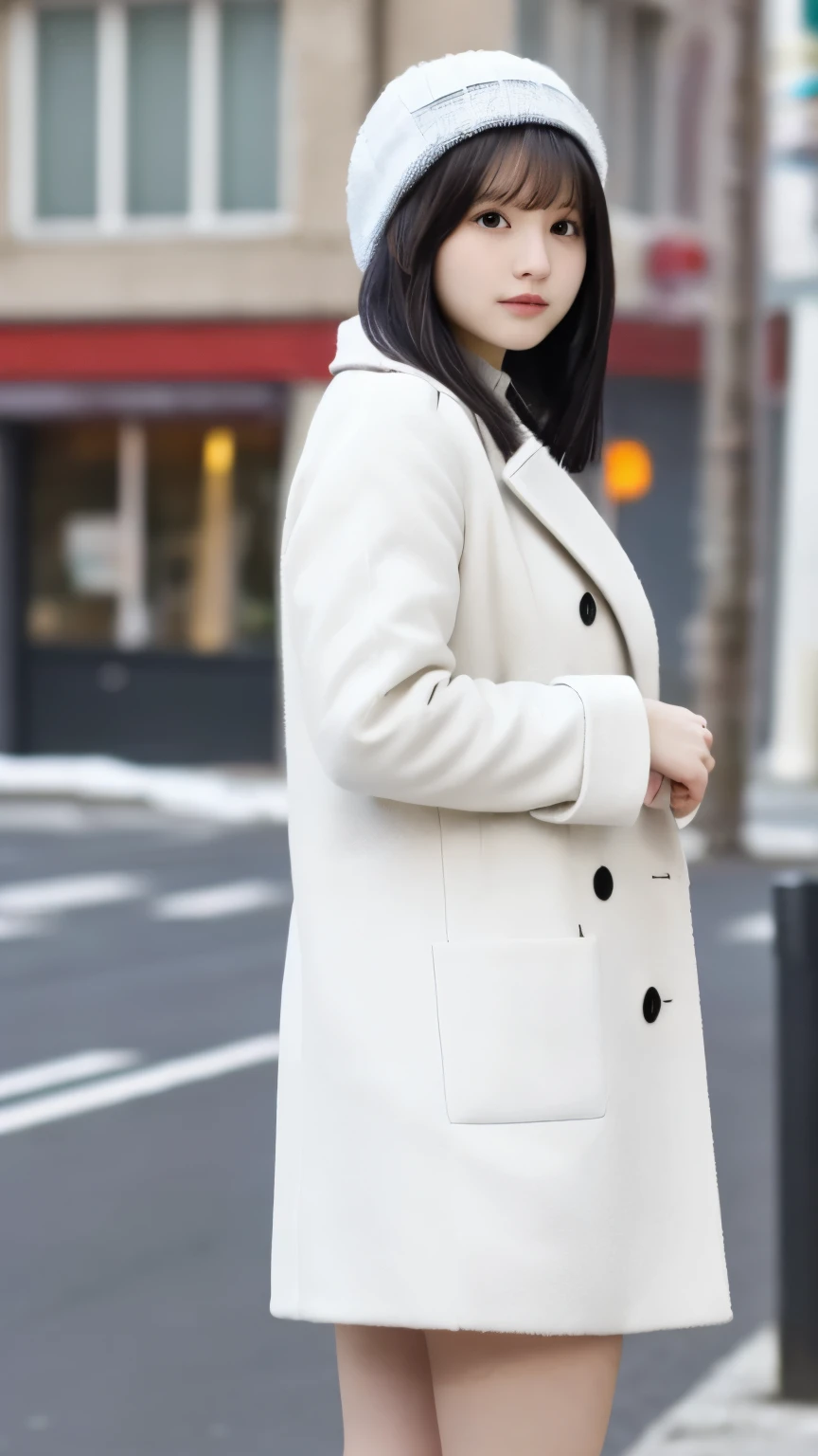 White knit hat, White coat, winter, Street Corner,  Angle from Underfoot,  miniskirt,  girl, busty,  black hair,  straight hair,  with bangs, 's greatest masterpiece