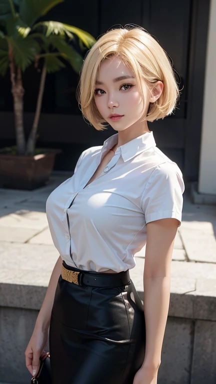 ((Arafe like a Korean idol with a sexy expression like a Japan adult video actress in the 1980s)) Narsha Eunjeong Eunji ((shiny plump lips)) Glamorous and flashy makeup ((Blonde shorthair with bangs)) ((Looking at the camera)) ((White button shirt and denim pants)) The rooftop of a building with a beautiful night view of Tokyo at night Low-angle shooting of a person standing facing the front look down on a blond