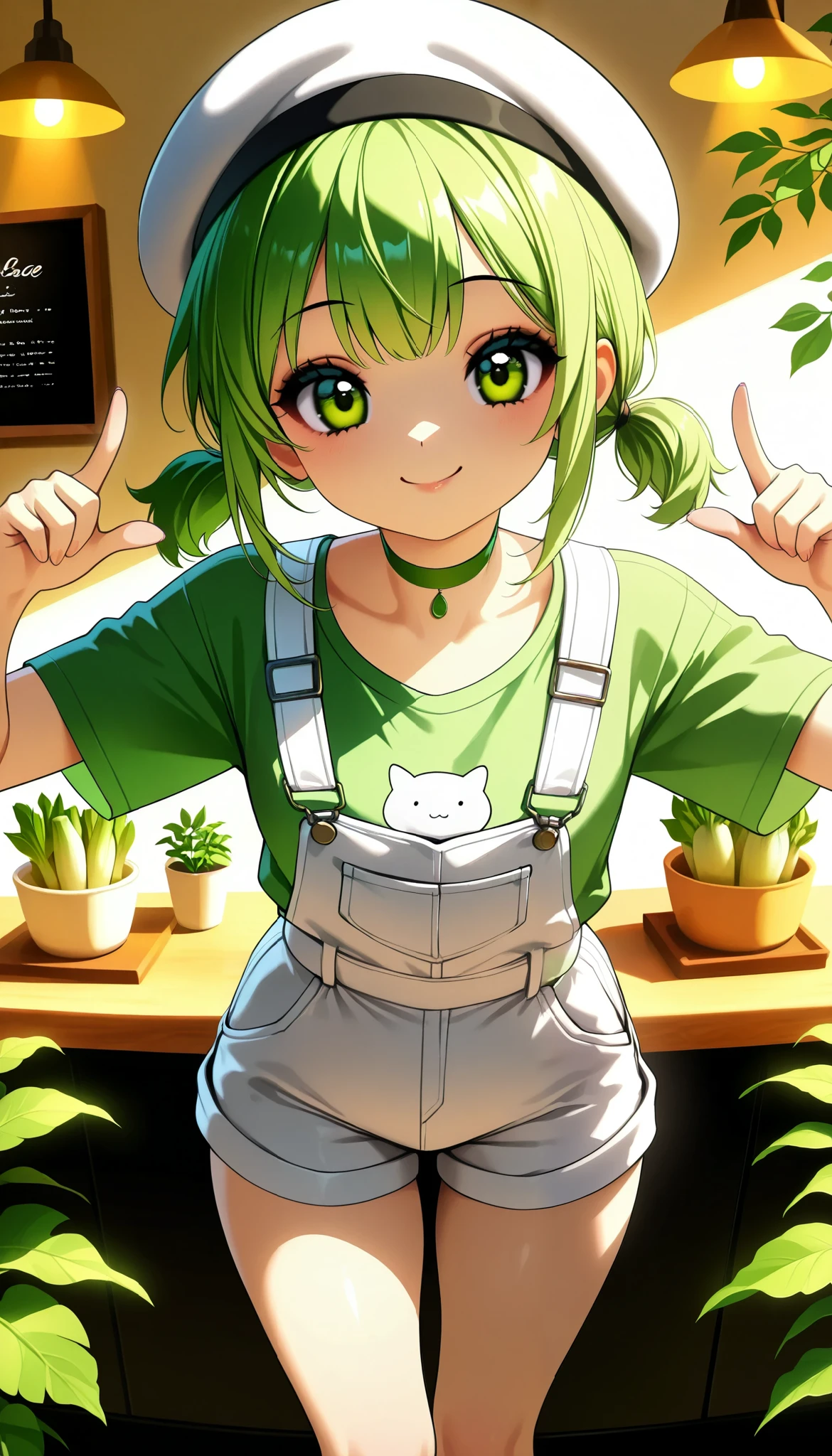 Daikon-chan :1.2, DKG , smile:1.2,  beautiful skin:1.4,  Beautiful Detailed Eyes ,  green eyes,  glossy lips ,  very detailed face , elegant fingertips, ((white beret with leaves,  green hair short twin tails:1.2, Green T-shirt,  white overalls  , Green choker)), slouch, (( Random Poses)),  pointing pose ,  dramatic lighting ,  cute atmosphere ,  beautiful thighs ,  bright color, Open cafe background, Inside the cafe,  calm atmosphere ,  cinematic composition ,  anime style:1.2, Detailed CG illustration, 8k, masterpiece．