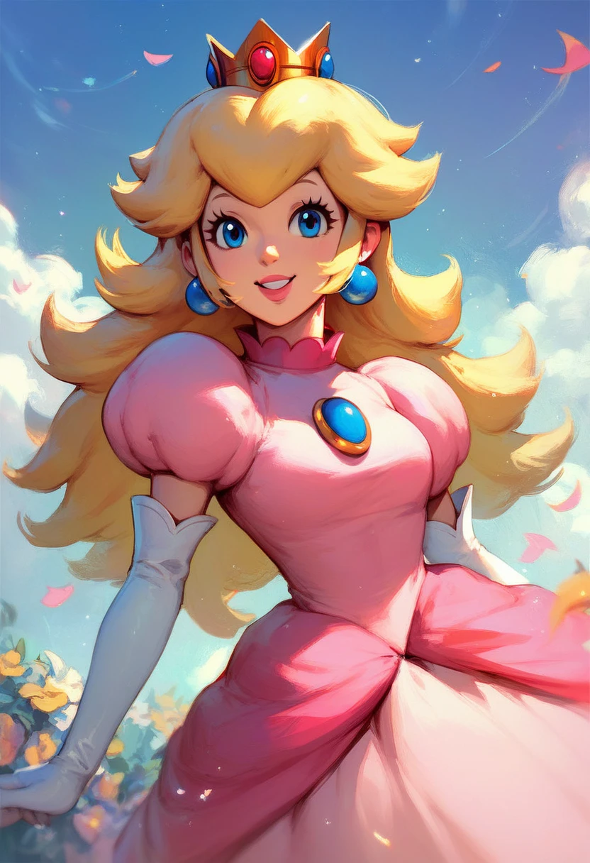 Princess peach, standing up, peaceful, smiling, solo, princess peach, blonde hair, earrings, anime style