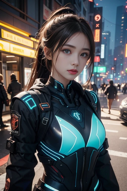 Game Art，  highest image quality taken by Ki ， Highest Resolution ，8k，((Bust photo))，(( portrait))，(3-part construction )，  Unreal Engine 5 Rendering ， ( Future Girl)，Super cleavage、ultra tight skirt、( Female Warrior)， 22 year old girl，( Long ponytail hairstyle in red and blue shades )，( Beautiful Eyes with Great Attention to Details)，(Big Breasted )，Elegant and attractive，smile，(Frowning)，(Clothes filled with futuristic sci-fi style，  sweater  ， Delicate Patterns ，Shining Jewels，armor)，  Cyberpunk Characters ，Futuristic Style， Photo pose， street background ，Cinema Lighting， ray tracing， game cg，(( 3D Unreal Engine ))， Reflection pattern rendering