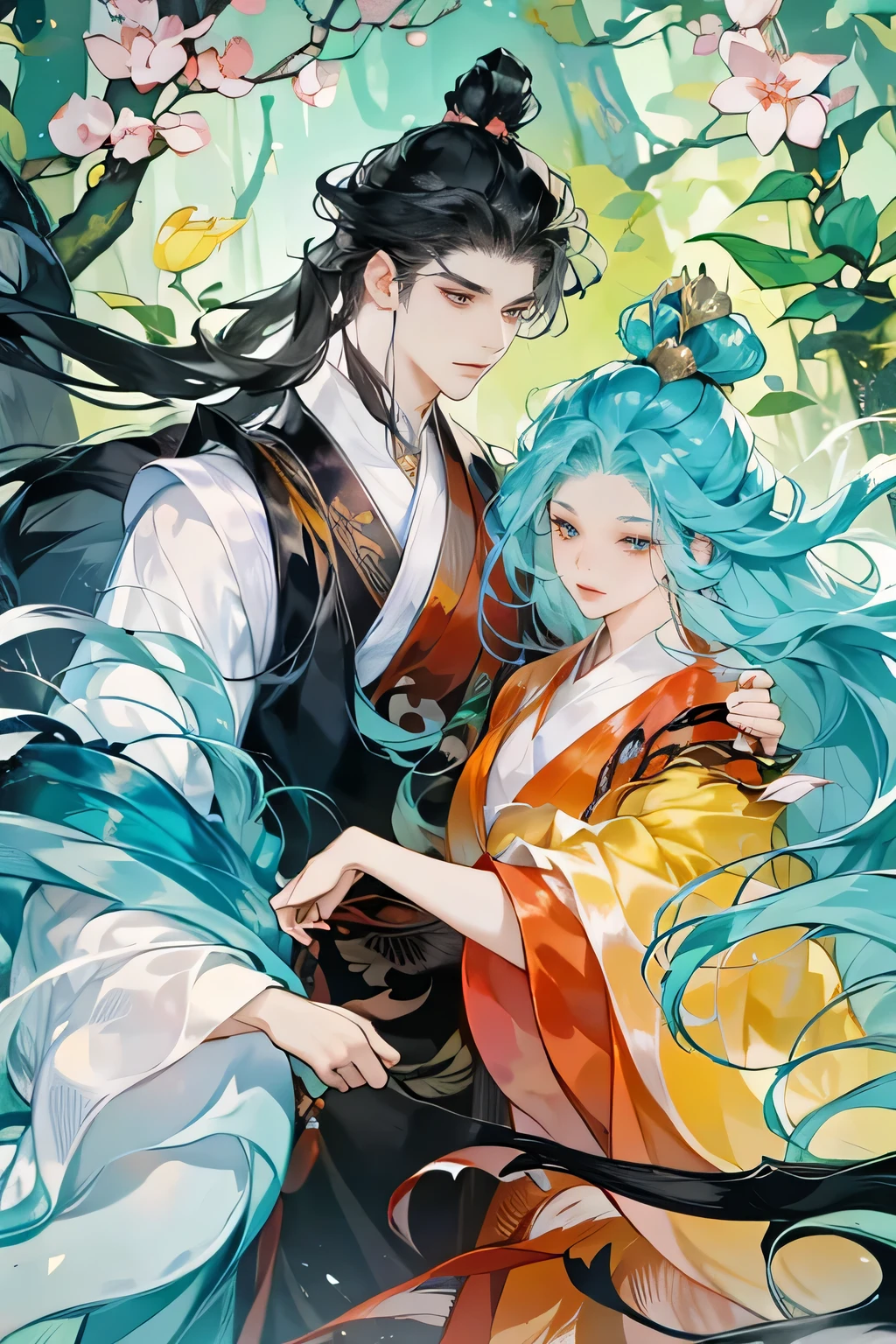 anime - style image of a couple of people in a garden, yiqiang and shurakrgt, by Yang J, xianxia fantasy,Female long white hair, male long black hair, coronation of the flower prince, flowing hair and long robes, inspired by Guan Daosheng, heise jinyao, by Ni Tian, flowing white robes, jin shan and ross tran