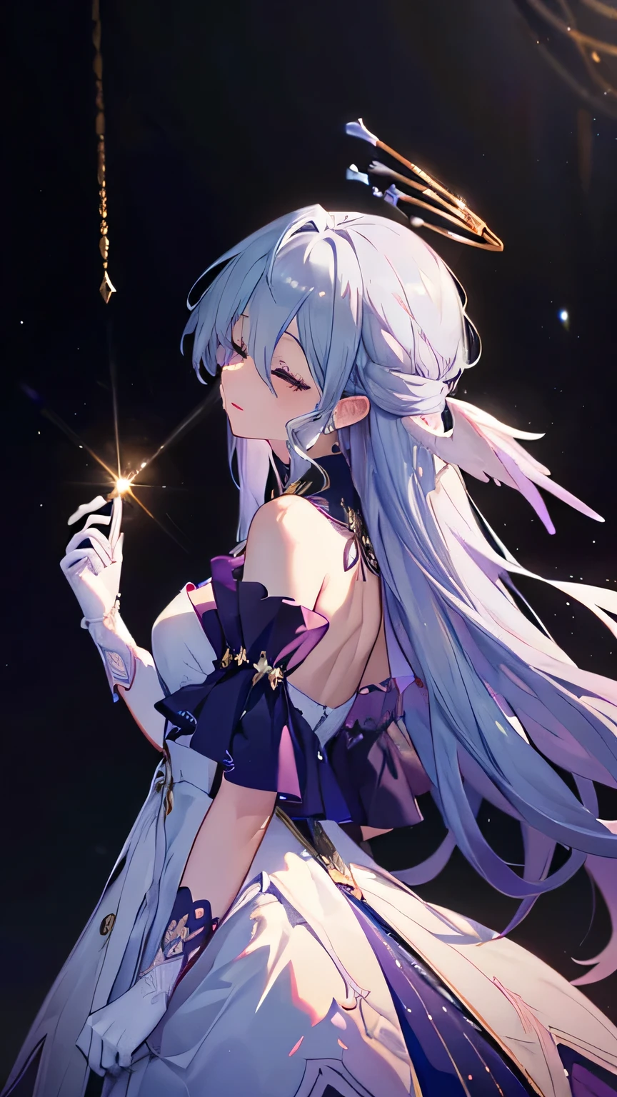 (masterpiece, top quality, best quality, official art, beautiful and aesthetic:1.2),(8k, best quality, masterpiece:1.2), (((masterpiece))),(((best quality))),(((extremely detailed))),illustration,who, (masterpiece, top quality, best quality, official art, beautiful and aesthetic:1.2),(8k, best quality, masterpiece:1.2), ((masterpiece,best quality)), 1girl, robin, head wings, halo, white gloves, singing, dark background, (stage, spotlight), closed eyes, depth of field, (from side), floating hair, hand on own chest,