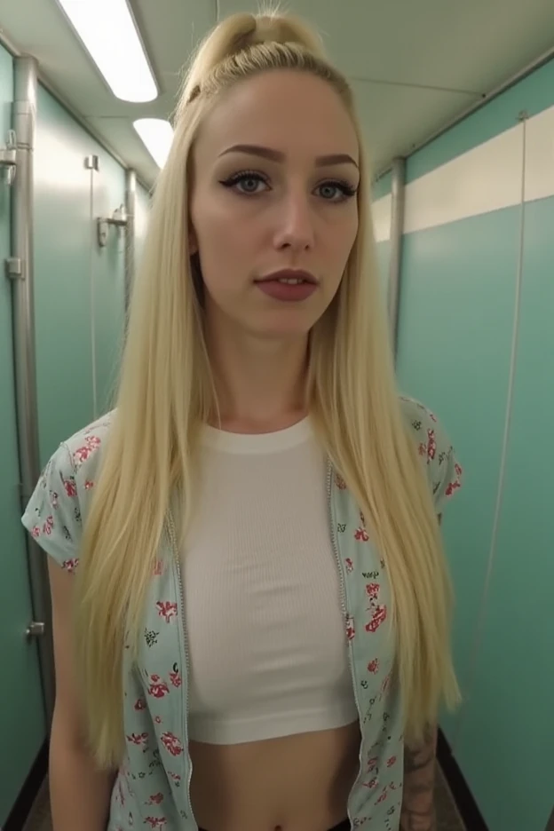 Photorealistic blonde muy petit colegiala Mckenna Grace undergoing product testing and getting a probing naturally in buff on a busy Tokyo subway train at night. Her fellow passengers have gotten too friendly with her. She is flaunting her features. Full body in unobstructed view.