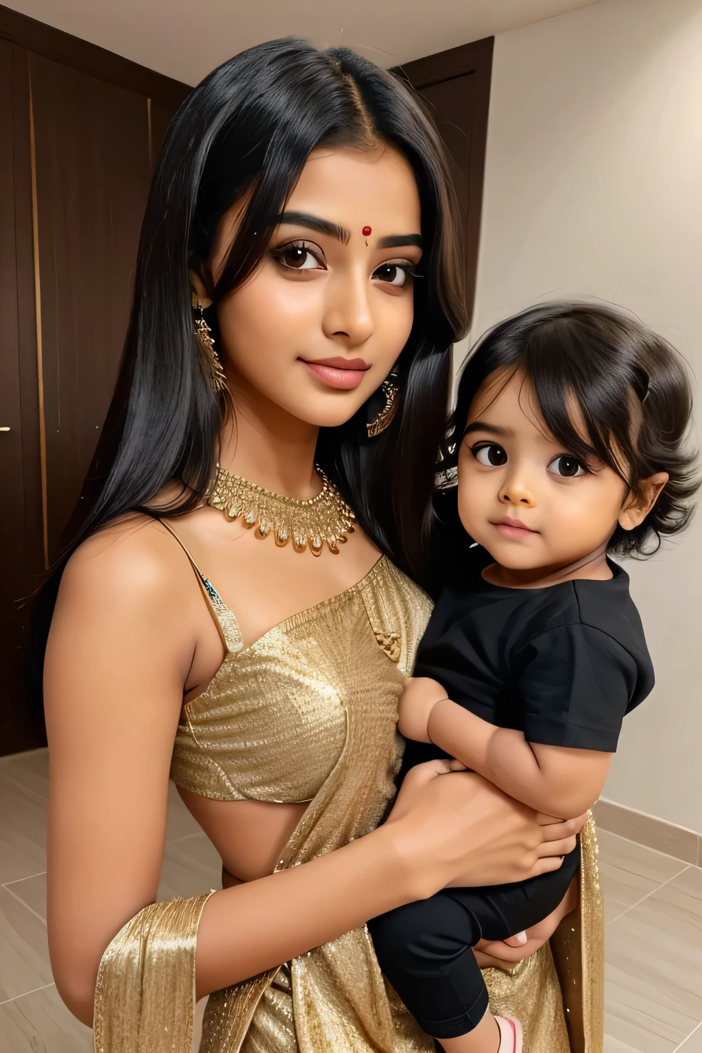 16 years old cute beautiful full hot romantic mood indian girl with smily face with small size boobs with different types of Hair style with stylish trending modern different  yellow color full stunning dress with his 2 years old cute little baby with cute full size straight full hot pic