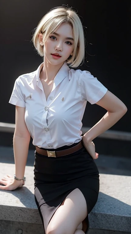 detailed eyes, full height, masterpiece, (((skinny body))), ((curvy, hands behind her back, seductive position)), seductive, (looking at viewer, 8k vector photography, young teen, beautiful eyes, realistic lighting, detailed outfit, realistic facial features, hyper detail, ((perfect angle, perfect pose, focus on face camel toe and breastegane)), ((very long dark straight hair)), a strand on right eye, flat chest, pioneer neckerchief, pioneer movement soviet pioneer, micro blue skirt, bangs, shirt, , collarbone, very toght white shirt, short sleeves, collared shirt, belt, neckerchief, eyelashes, red neckerchief, pocket, breast pocket, sashagrey, glasses