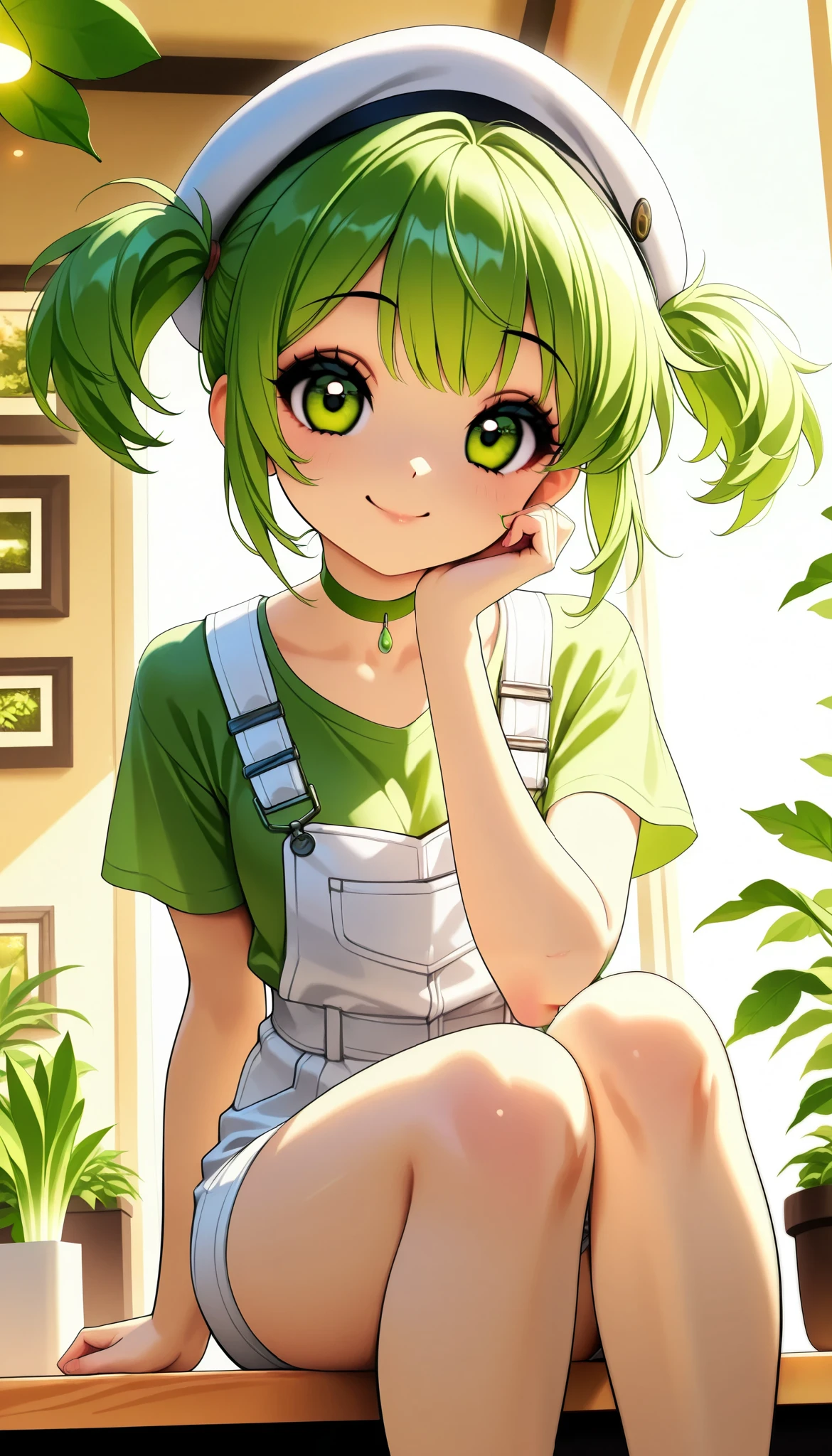 Daikon-chan :1.2, DKG , smile:1.2,  beautiful skin:1.4,  Beautiful Detailed Eyes ,  green eyes,  glossy lips ,  very detailed face , elegant fingertips, ((white beret with leaves,  green hair short twin tails:1.2, Green T-shirt,  white overalls  , Green choker)), slouch, (( Random Poses)),  Upper Eye Care,  face close-up ,  dramatic lighting ,  cute atmosphere ,  beautiful thighs ,  bright color, Open cafe background, Inside the cafe,  calm atmosphere ,  cinematic composition ,  anime style:1.2, Detailed CG illustration, 8k, masterpiece．