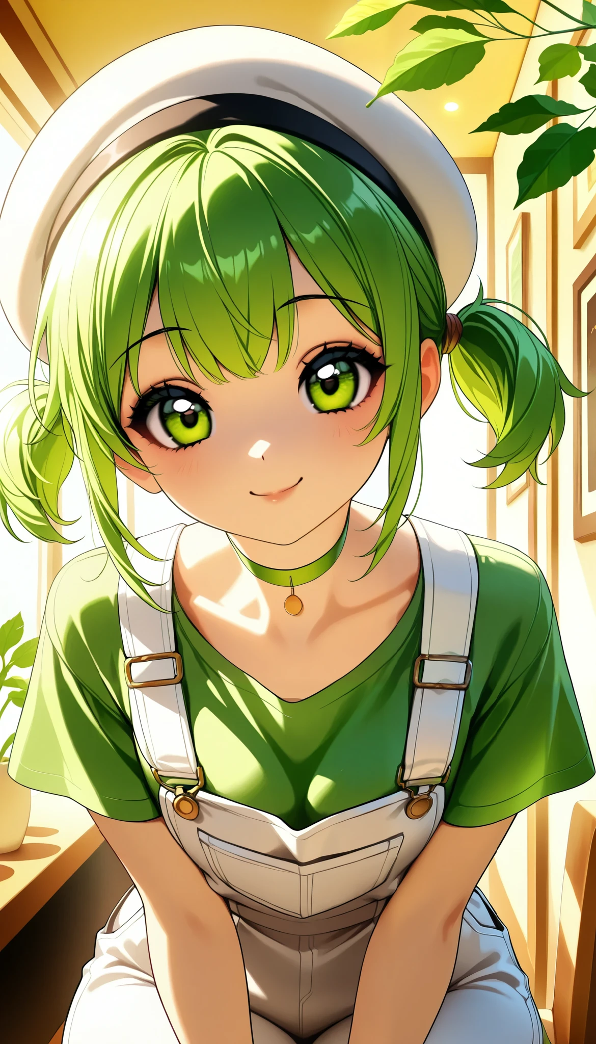 Daikon-chan :1.2, DKG , smile:1.2,  beautiful skin:1.4,  Beautiful Detailed Eyes ,  green eyes,  glossy lips ,  very detailed face , elegant fingertips, ((white beret with leaves,  green hair short twin tails:1.2, Green T-shirt,  white overalls  , Green choker)), slouch, (( Random Poses)),  Upper Eye Care,  face close-up ,  dramatic lighting ,  cute atmosphere ,  beautiful thighs ,  bright color, Open cafe background, Inside the cafe,  calm atmosphere ,  cinematic composition ,  anime style:1.2, Detailed CG illustration, 8k, masterpiece．