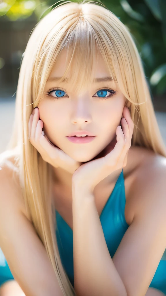 focus on face , Obsessed with Love , swimsuit, very beautiful金髪のスカンジナビア人の女の子, Overwhelmingly beautiful, Super long straight blonde silky hair that shines beautifully、 Blonde bangs over the eye 、Blonde hair covers one eye 、Blonde hair between the eyes、 milk base is exposed, arms crossed over head, have low contrast, ( Shy and bright expression :0.8), Hairscrancy , top quality, ultra high definition, realistic pictures of the garden, very detailed, 8k, RAW photos , perfect anatomy、 very beautiful, Shining, Very pretty bright blue eyes 、Very large eyes、Small Face Beauty、whole body posture、 long foot
