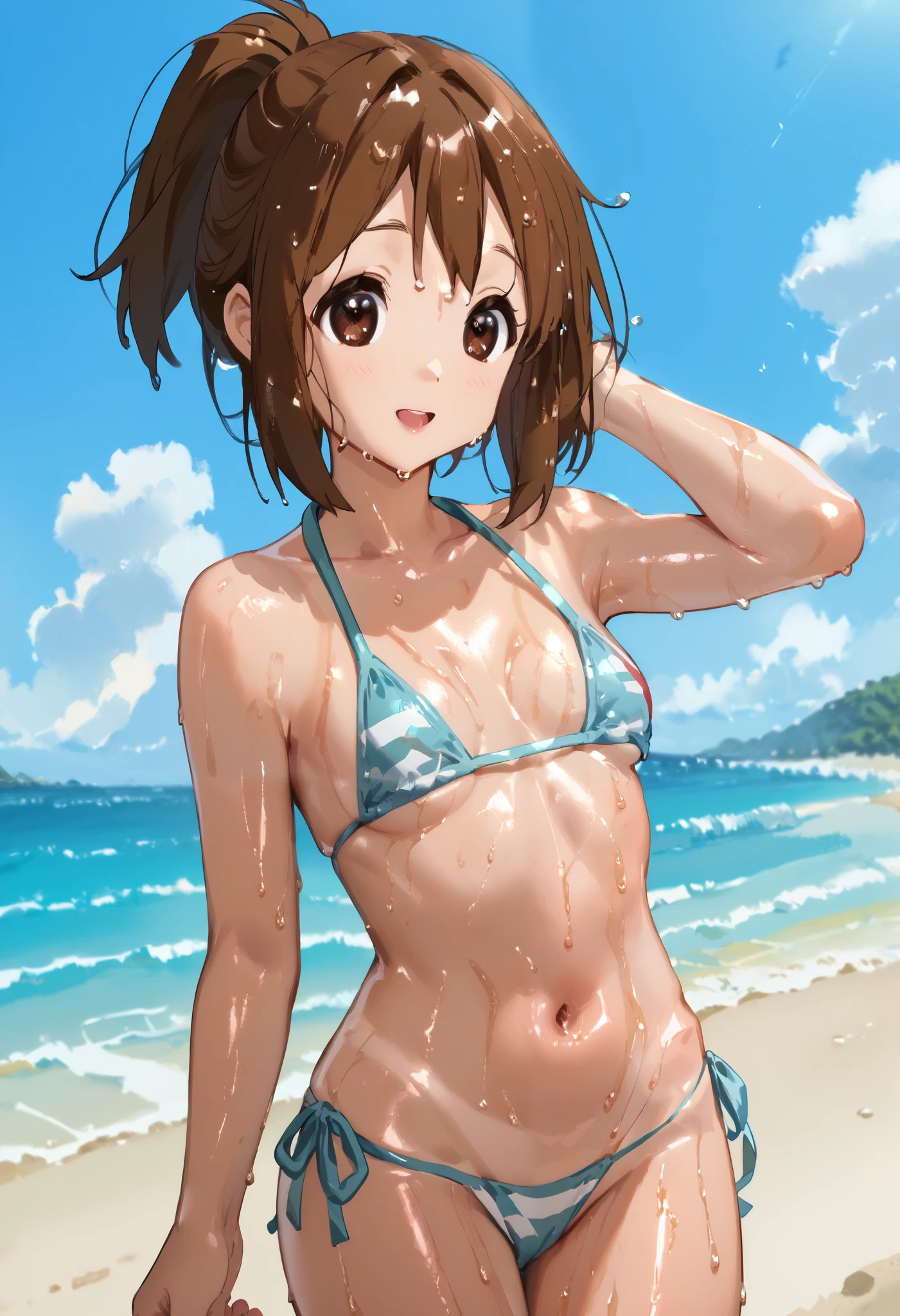 1womanl,Brown hair,ar old,(((Black Micro Bikini)))((Standing))(((Blushing cheeks、Smile with open mouth)),(((Kuroko Shirai))),((( Portrait on the knee))),sand beach,Black Micro Bikini,small tits