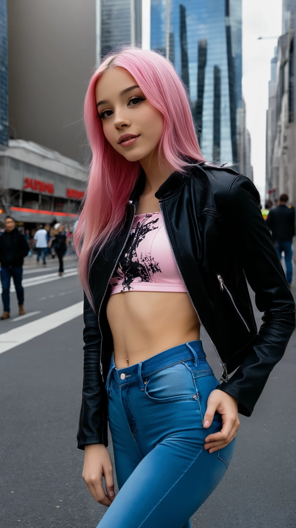 Stable_Yogis_PDXL_Positives
score_9, score_8_up, score_7_up, score_6_up, 1girl, solo, long pink hair, natural look, wearing a fitted black leather jacket over a white crop top, paired with high-waisted jeans, standing on a busy city street with skyscrapers in the background, one hand on her hip, looking confidently at the camera, blush, outdoors, bright natural lighting, vibrant and modern city vibe