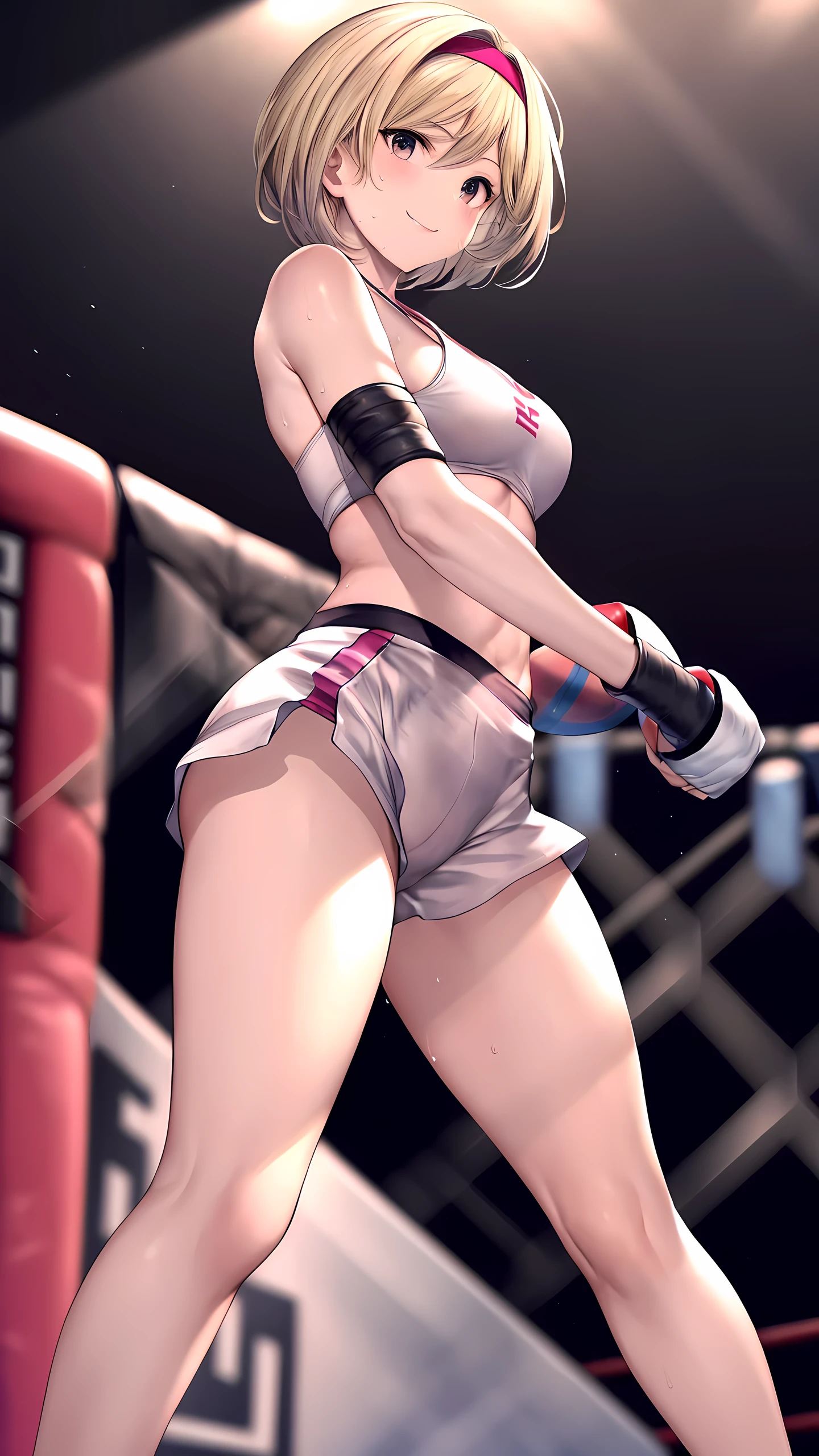djeeta_(granblue_fantasy), Detailed eyes,(wearing sports wear:1.5, bare thigh), Her slim legs are really cute.,Very beautiful long legs, Perfect body,(Independent),(on MMA Arena :1.5),smiling, Toned stomach,Ultra HD,Detailed eyes,Detailed face,full body shot, looking at viewer,(from behind, from below),sweaty,long legs,twisting the waist,depth of field,