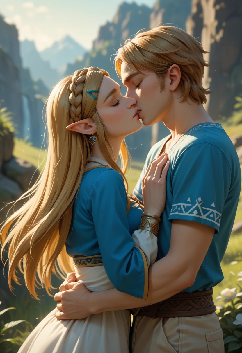 1girl, 1boy, Princess_Zelda, \(The_Legend_of_Zelda:_Breath_of_the_Wild\), standing, kiss, hug, closed_eyes
