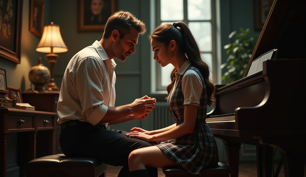 an older handsome man, about 35 years old, strong looking, and a  girl sitting in front of a piano together, both facing the piano, wide angle, he is her piano teacher, the light is low, he is touching her hands as he shows her how to play the keys, he looks at him longingly, she is wearing a school uniform with plaid dress and black knee socks, her face is red, she is biting her lower lip, very tense and erotic scene, psychological tension, retro vibe, detailed, intricate, volumetric lighting, HD, 8x