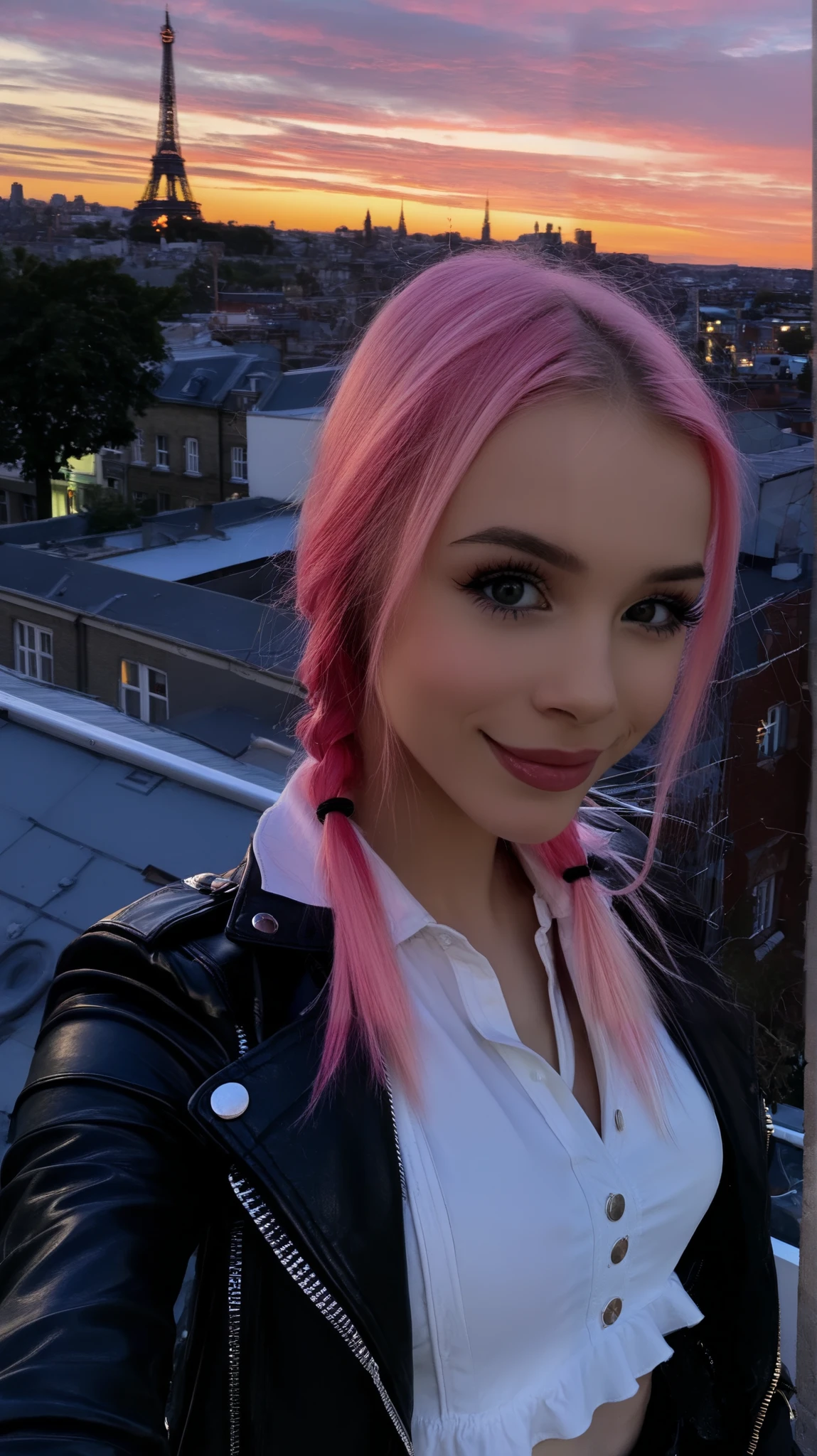 Stable_Yogis_PDXL_Positives
score_9, score_8_up, score_7_up, score_6_up, 1girl, solo, long pink hair, natural look, wearing a stylish black leather jacket over a fitted white blouse, standing on a rooftop terrace with a glowing sunset in the background, holding her phone slightly angled for a dramatic selfie, looking softly at the camera with a warm smile, blush, outdoors, vibrant golden-hour lighting, urban and modern vibe