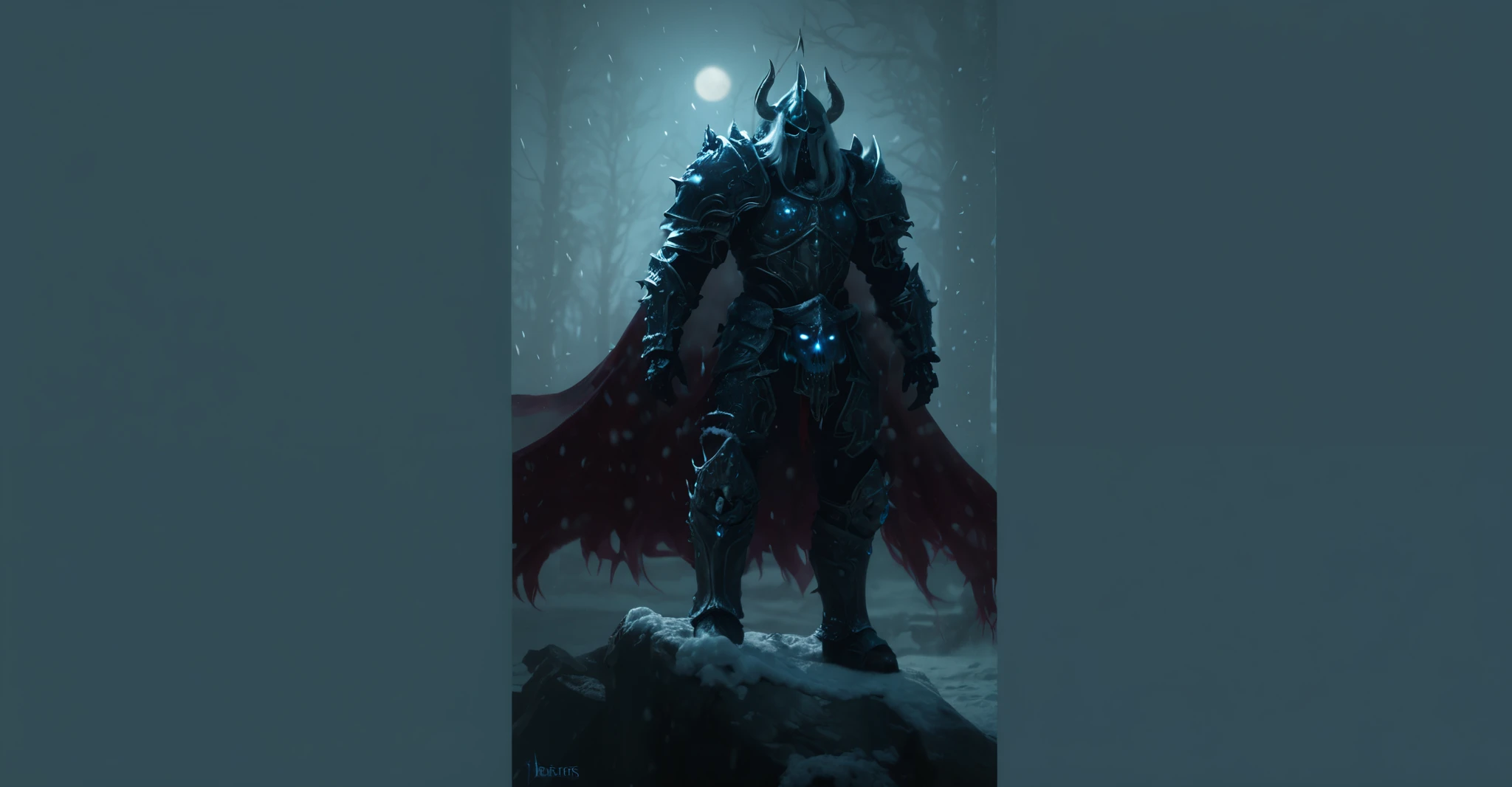  Death Knight, sombrio, frigid night, standing, long hair pants,  snowstorm  , Alone , Freezing armor, Ultra Realistic,4K, armor with metallic skulls,