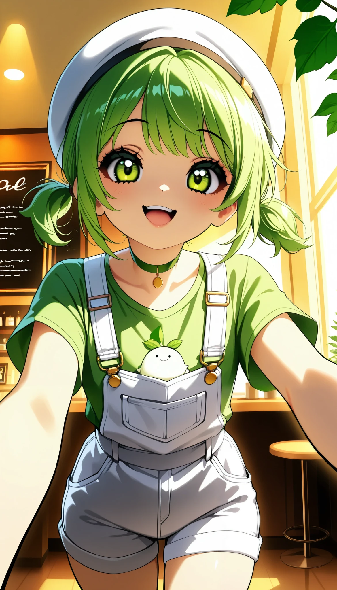 Daikon-chan :1.2, DKG , smile:1.2,  open your mouth,  beautiful skin:1.4,  Beautiful Detailed Eyes ,  green eyes,  glossy lips ,  very detailed face, elegant fingertips, ((white beret with leaves,  green hair short twin tails:1.2, Green T-shirt,  white overalls  , Green choker)), slouch, (( Random Poses)),  Upper Eye Care,  face close-up ,  dramatic lighting ,  cute atmosphere ,  beautiful thighs ,  bright color, Open cafe background, Inside the cafe,  calm atmosphere ,  cinematic composition ,  anime style:1.2, Detailed CG illustration, 8k, masterpiece．