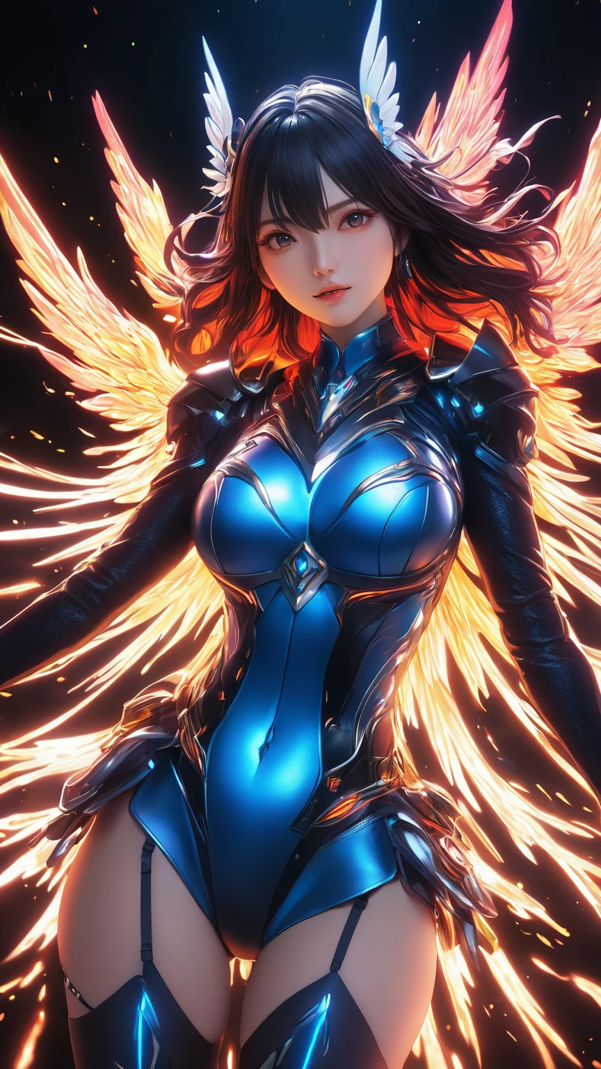 woman、Pegasus, Bloodflame ,  ray tracing, masterpiece,  top quality,   ultra quality,  absurd detail, best Light,  sharp,  sharp image, ultimate, Details, extremely   Details,  high resolution,  16k, 超 high resolution,   particle effect , Beautiful Effects,  bright color, neon Light, neon, Light, close-up、Super big breasts:1.5、Big Butt、 Long Sleeve 、 stockings 、 realistic textured face and skin、 hyperdetail、 effect effect、Overhead shot、Unconventional、discharge、