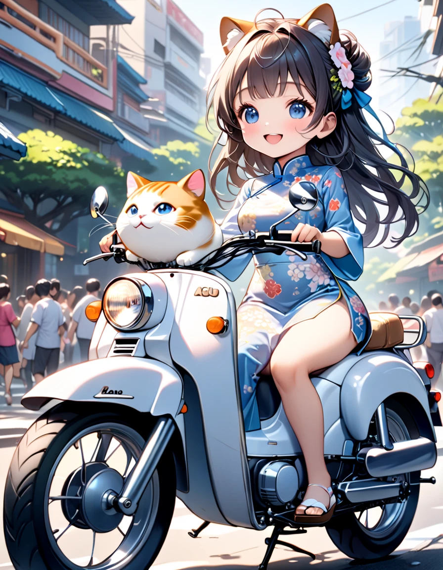 (masterpiece), (ultra-detailed), (best quality), (clear focus), dramatic scene, cinematic, shadow, (ultra-high resolution), (8k), perfect anatomy, perfect face, (detailed face), (detailed eye), (chibi:1.3), (cute Japanese chibi small girl:1.3), famous Japanese chibi idol, very beautiful with cute but cool face, (the girl is wearing an elegant floral patterned blue ao dai:1.2), wearing flip flap, (medium breasts), (She is riding a white colored Honda Super Cub with a cute giant fat cat:1.3), at the downtown street in Ho Chi Minh city in 2000, Cluttered streets, people walking on the sidewalks, rows of miscellaneous buildings, trees, (the giant fat cat is mewing on the rear seat of her bike:1.3), (detailed giant fat cat:1.3), they looks so happy, happy smile, (shoot from side)