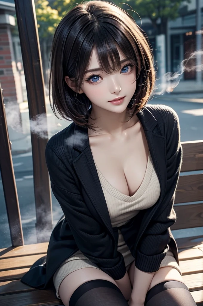 ((((highest quality))))、(((Ultra-precision CG16K wallpaper)))、(((masterpiece)))、(((Super detailed)))、(((Extreme detail)))、((1Mature 29 year old woman:1.6))、((Very beautiful Japanese faces))、((Yua Mikami:1.5))、((Soft wavy medium long hair、blunt bangs:1.5))、(Shiny brown hair)、Beautiful brown eyes、Clearly defined pupils、eyeliner、eye shadow、High nose、Small nostrils、Small Mouth、Seductive lips、Beautiful breasts、((C cup size breasts))、Cleavage、Voluptuous body、eight-headed body、Perfect proportions、Perfect Anatomy、Perfect composition、Beautiful detailed shading、Beautiful, natural lighting、Beautiful detail glow、Depth of written boundary、(((High chroma)))、(((Real:1.9)))、((vivid:1.5))、((Beautiful Skin))、((Skin Texture))、((Realな皮膚感))、(((Cowboy Shot:1.6)))、((Front view、shoot from front、Front low angle:1.6))、(((smile:1.4)))、((The woman is looking at this、looking at viewer、Facing forward:1.6))、Bright daylight、Natural light、(((Riverbank、Tree-lined street:1.5)))、(Sitting pose:1.6)、(((Light blue business suit、Light blue slit mini skirt:1.6)))、((Earrings、Wearing a necklace:1.3))、(((woman is sitting on a bench:1.6)))、
