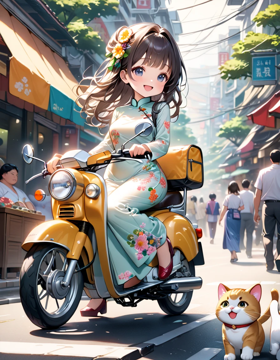 (masterpiece), (ultra-detailed), (best quality), (clear focus), dramatic scene, cinematic, shadow, (ultra-high resolution), (8k), perfect anatomy, perfect face, (detailed face), (detailed eye), (chibi:1.3), (cute Japanese chibi small girl:1.3), famous Japanese chibi idol, very beautiful with cute but cool face, (the girl is wearing an elegant floral patterned ao dai:1.2), wearing flip flap, (medium breasts), (She is riding a white colored Honda Super Cub with a cute giant fat cat:1.3), at the downtown street in Ho Chi Minh city in 2000, Cluttered streets, people walking on the sidewalks, rows of miscellaneous buildings, trees, (the giant fat cat is mewing on the rear seat of her bike:1.3), (detailed giant fat cat:1.3), they looks so happy, happy smile, (shoot from side)