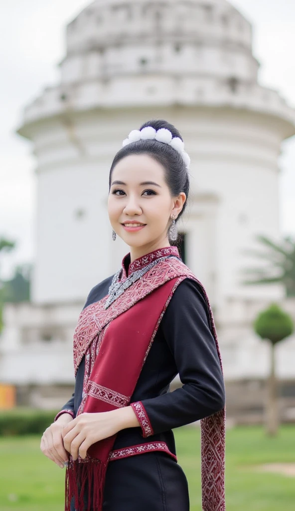 A graceful young asian woman in traditional Phu Ti attire,
showcasing a black and red embroidered dress with silver ornaments and a beautifully draped shawl.,
soft tendrils of hair framing her face,
She standing pose elegantly in front of a white historic temple with blurred background,
minimal background