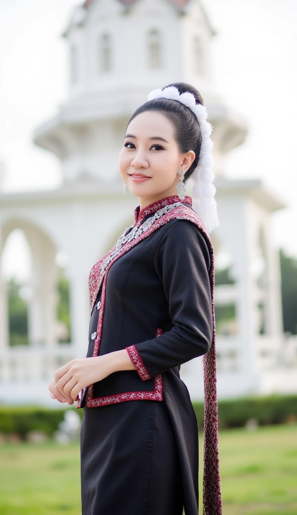 A graceful young asian woman in traditional Phu Ti attire,
showcasing a black and red embroidered dress with silver ornaments and a beautifully draped shawl.,
soft tendrils of hair framing her face,
She standing pose elegantly in front of a white historic temple with blurred background,
minimal background