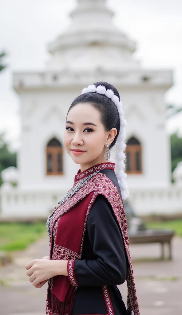 A graceful young asian woman in traditional Phu Ti attire,
showcasing a black and red embroidered dress with silver ornaments and a beautifully draped shawl.,
soft tendrils of hair framing her face,
She standing pose elegantly in front of a white historic temple with blurred background,
minimal background