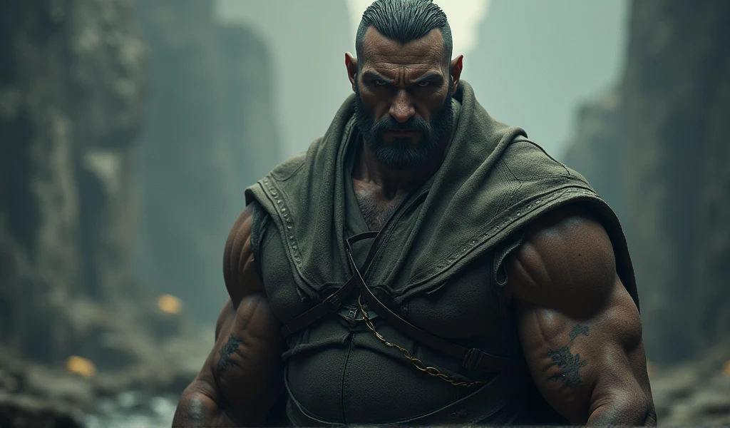 Barret Wallace, baroque, shirtless-, gold chains, hairy chest, barbaric+, (sexy+ dominant pose)+, wild+, aggressive++, angry++, real life skin, intricate, elegant, detailed, artstation, smooth, sharp focus, art by artgerm and greg rutkowski and alphonse mucha