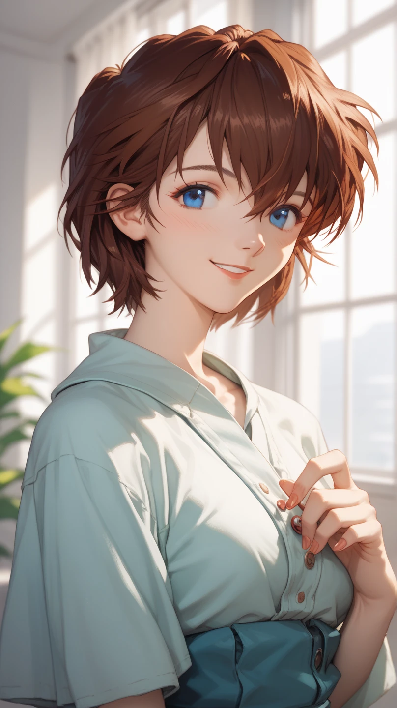 Mana Kirishima, Evangelion style, blue eyes, perfect eyes, hand perfect, adult woman, short hair, brown hair, housewife, married, Smile, looking at the spectator.