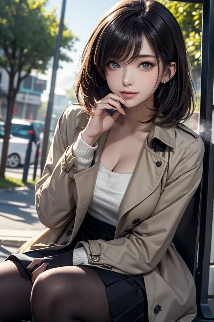 (masterpiece, top-quality, best quality, official art), (illustrative realism), soft sunlight, 26-year-old beautiful woman, solo, Sitting on a bench, dynamic angle, between breasts, looking at viewer, Place both hands over the mouth, (steam:1.2), Model figure, (detailed beautiful face, detailed beautiful eyes:1.2), perfecteyes eyes, straight bob hair, asymmetrical bangs, Trench coat, knit sweater, skirt, stockings