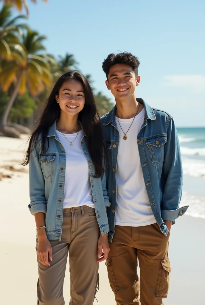 A portrait of a rather stout young man,indonesia wearing slim denim jacket on white t-shirt,and ripped jeans at the knees,and young Indonesian woman with long hair wearing a slim denim jacket walking wearing shoes,in front of the beautiful beach best quality,real,face in front of the camera,Blue sky