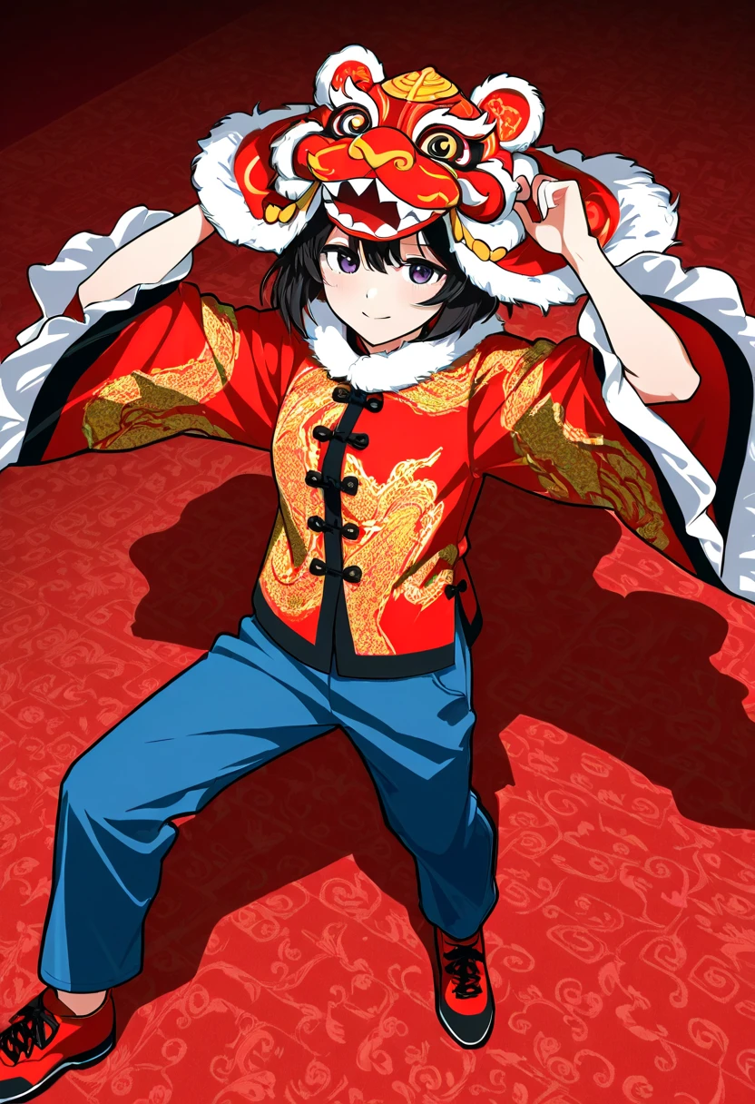 Lion dance hat， lion dance，A lively digital anime-style drawing captures a young girl rocking a traditional Chinese lion dance outfit. The kid's  standing on a red carpet. He's decked out in a red long-sleeved shirt with gold patterns， blue pants， and red shoes. 